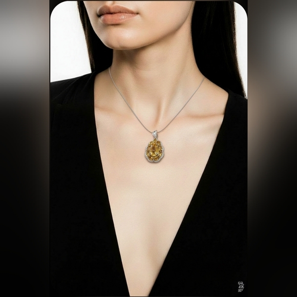 925 Sterling Silver Large Pendant 3x2cm with Natural Citrine Gem & Cz - Picture 7 of 7